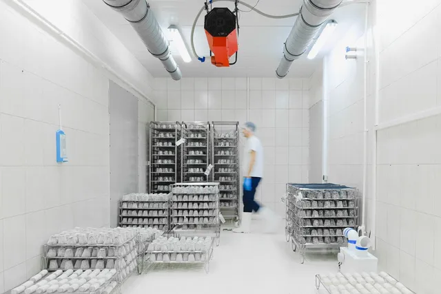 Interior de una cámara fría industrial con estanterías de producto refrigerado.