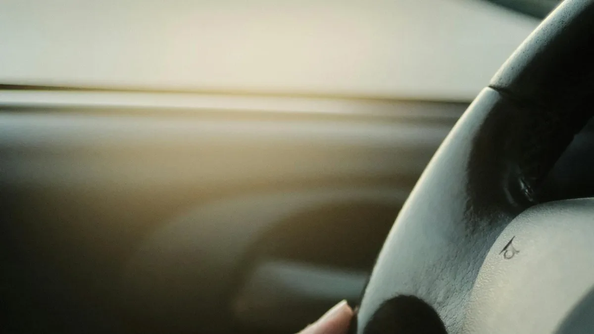 Primer plano de la mano de un conductor sujetando el volante dentro del vehículo.