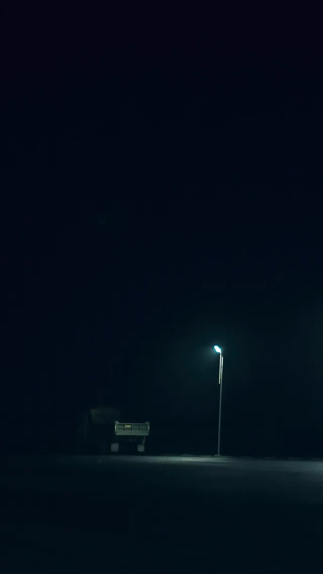 Camión de carga de noche iluminado por la luz de una lámpara de calle.