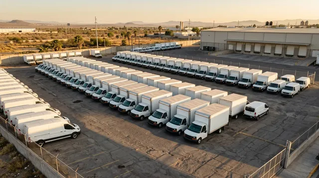 Flotilla de camiones y camionetas de reparto estacionados en fila en un patio logístico al atardecer