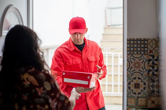 Repartidor con gorra roja entregando un paquete a una clienta en la puerta de una casa.