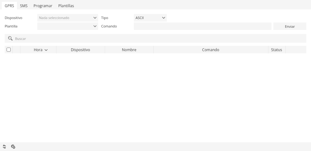 Panel de control de dispositivo: envío de comandos por GPRS o SMS con plantillas, seleccionando la unidad y el tipo de comando.