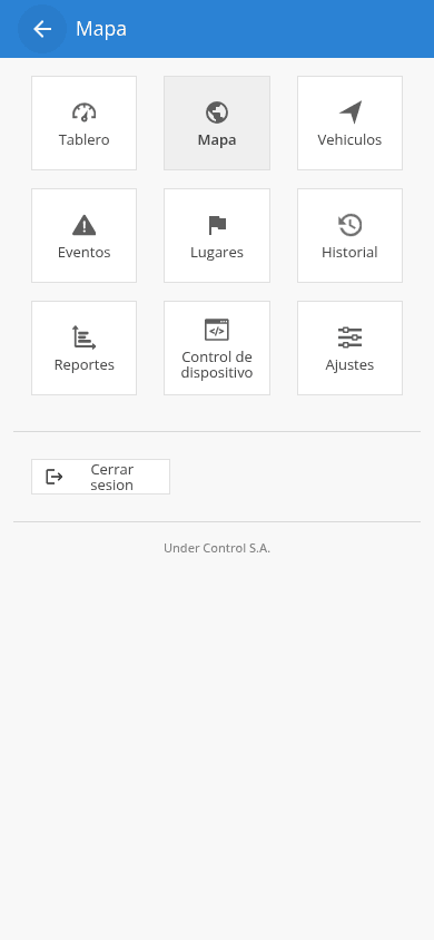 Menú de la app móvil con accesos a Tablero, Mapa, Vehículos, Eventos, Lugares, Historial, Reportes y Control de dispositivo.