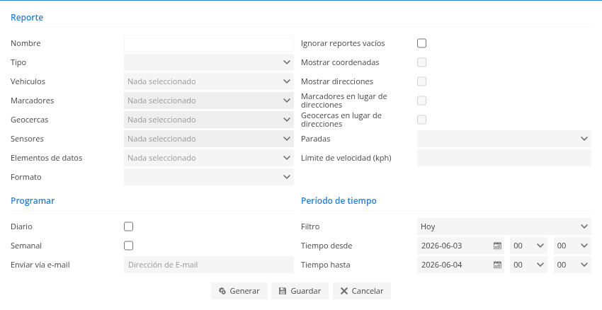 Formulario de configuración de reportes: tipo de reporte, vehículos, geocercas, sensores, formato, programación diaria o semanal por correo y selección del período de tiempo.